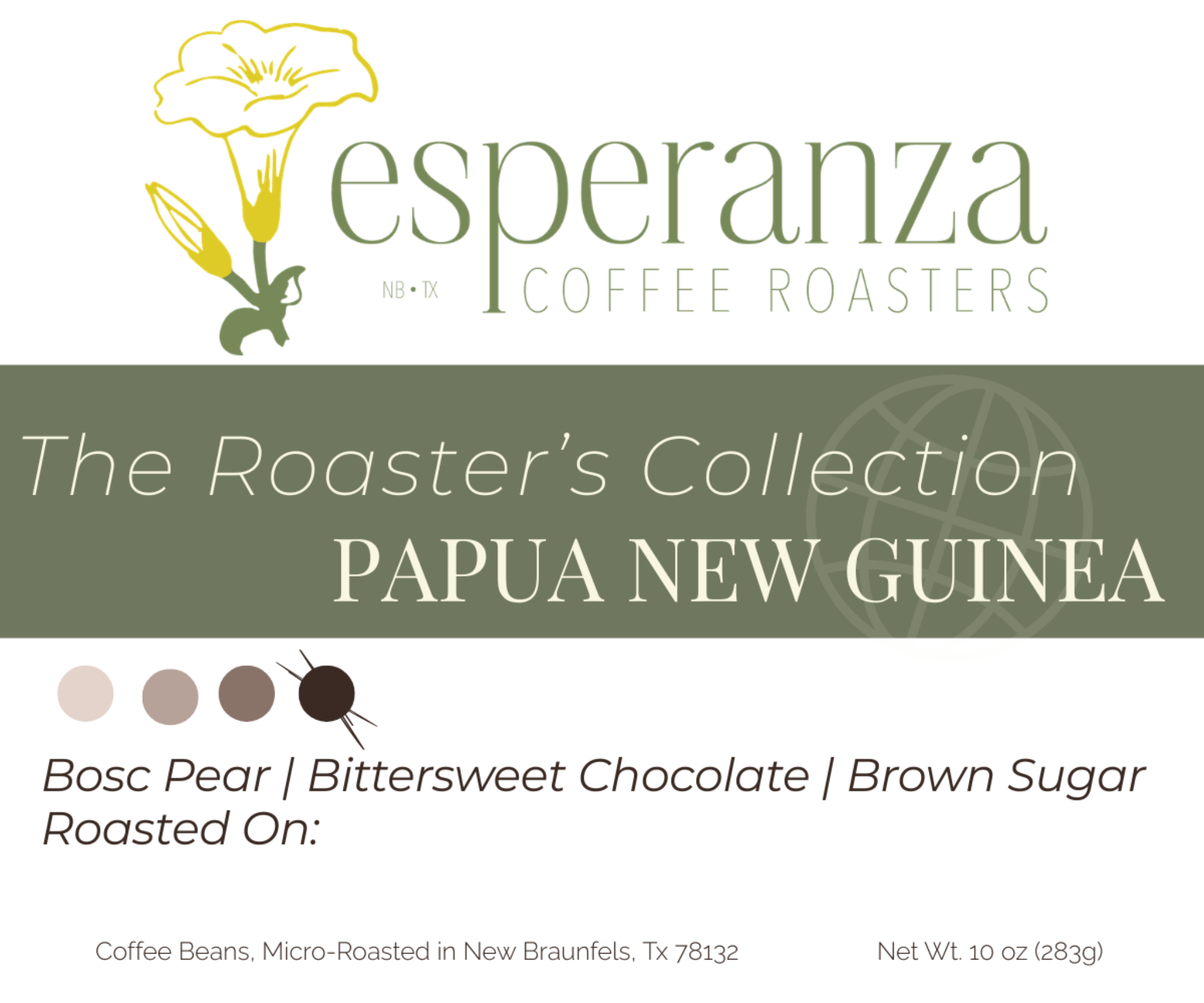 Esperanza Coffee Roasters label for Papua New Guinea coffee beans with flavor notes and roast information.